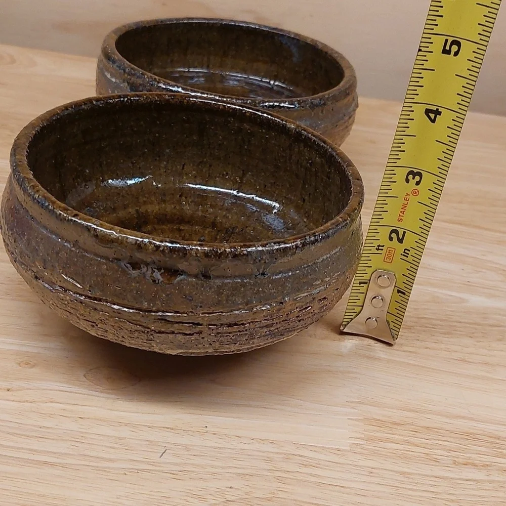 Signed Raku? POTTERY BOWLS BROWN UNUSED SET OF 2